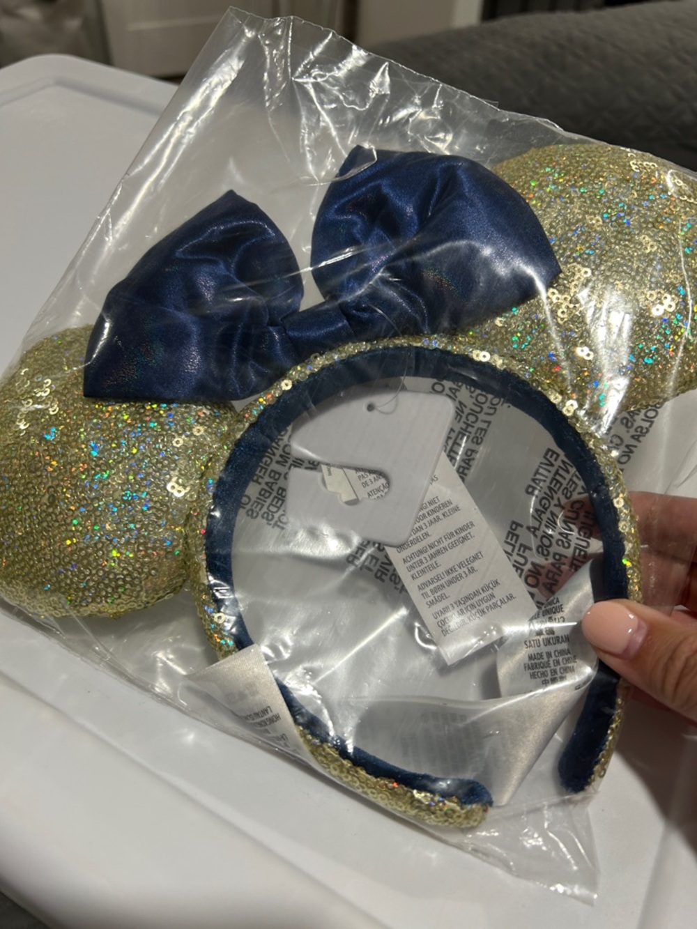 NWT Gold Sequin Minnie Ear Headband with Navy Bow